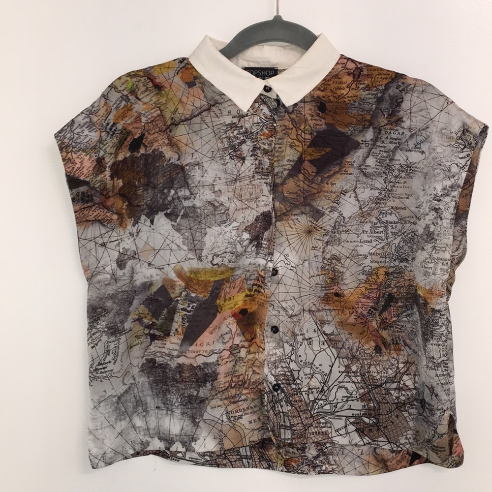 Topshop World Map Collared button down Crop Top - Picture 4 of 8